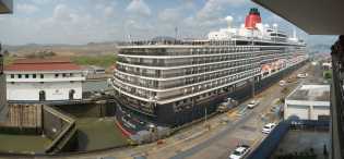 Queen Elizabeth Cruise Ship at Miraflores Locks (Panorama)